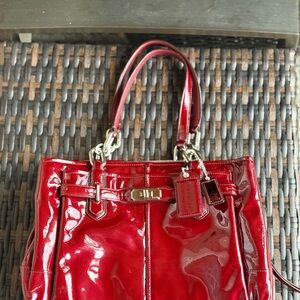 Coach Glossy Red Patent Leather Tote with Signature Tag